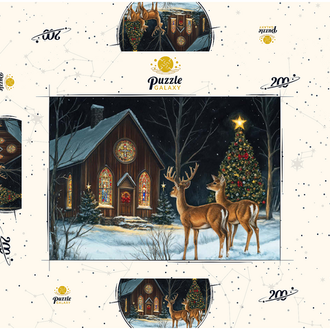 Darstellung des Puzzle Motivs Hirsch bei verschneiter Kirche mit Weihnachtsbaum Deer by Snowy Church with Christmas Tree 200 Puzzle Schachtel 3D Modell