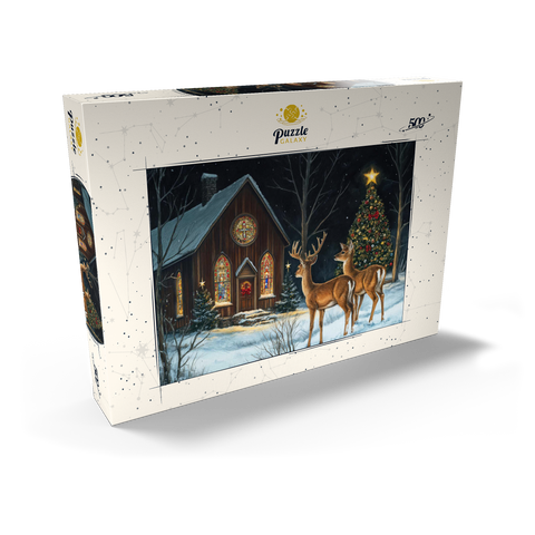 Darstellung des Puzzle Motivs Hirsch bei verschneiter Kirche mit Weihnachtsbaum Deer by Snowy Church with Christmas Tree 500 Puzzle Schachtel Ansicht2