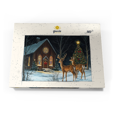 Darstellung des Puzzle Motivs Hirsch bei verschneiter Kirche mit Weihnachtsbaum Deer by Snowy Church with Christmas Tree 500 Puzzle Schachtel Ansicht3