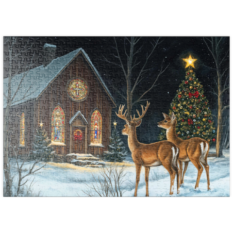 Darstellung des Puzzle Motivs Hirsch bei verschneiter Kirche mit Weihnachtsbaum puzzleplate Deer by Snowy Church with Christmas Tree 500 Puzzle