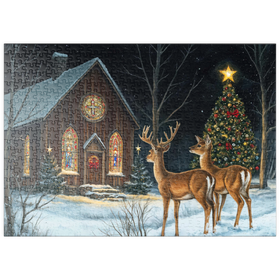 Darstellung des Puzzle Motivs Hirsch bei verschneiter Kirche mit Weihnachtsbaum - Puzzleteile: 500