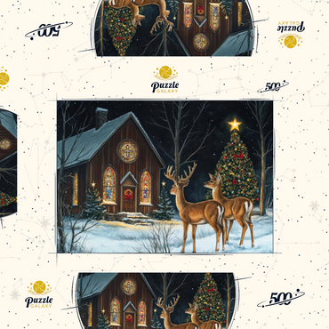 Darstellung des Puzzle Motivs Deer by Snowy Church with Christmas Tree 500 Puzzle Schachtel 3D Modell