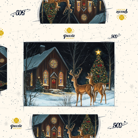 Darstellung des Puzzle Motivs Hirsch bei verschneiter Kirche mit Weihnachtsbaum Deer by Snowy Church with Christmas Tree 500 Puzzle Schachtel 3D Modell