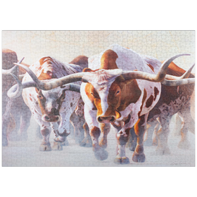 Darstellung des Puzzle-Motivs Texas Longhorn Rinder in Bewegung – Puzzleteile: 1000