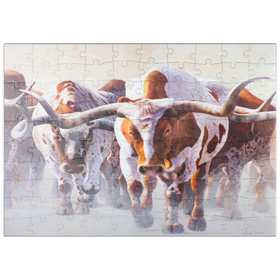 Darstellung des Puzzle Motivs Texas Longhorn Rinder in Bewegung - Puzzleteile: 100