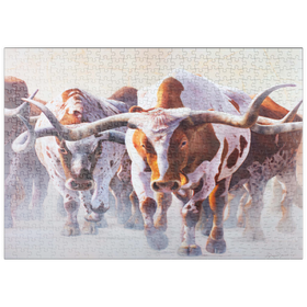 Darstellung des Puzzle Motivs Texas Longhorn Rinder in Bewegung - Puzzleteile: 500