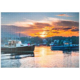 Darstellung des Puzzle Motivs Fischerboote bei Sonnenuntergang im Küstenhafen - Puzzleteile: 1000