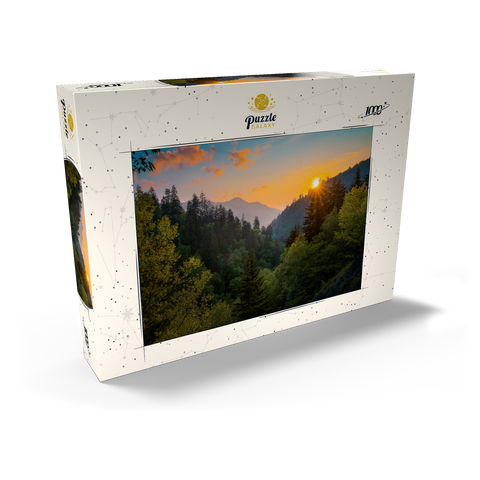 Darstellung des Puzzle Motivs Sonnenaufgang über bewaldetem Bergtal Sunrise Over Forested Mountain Valley 1000 Puzzle Schachtel Ansicht2