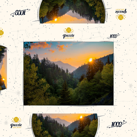 Darstellung des Puzzle Motivs Sonnenaufgang über bewaldetem Bergtal Sunrise Over Forested Mountain Valley 1000 Puzzle Schachtel 3D Modell