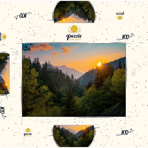 Darstellung des Puzzle Motivs Sonnenaufgang über bewaldetem Bergtal Sunrise Over Forested Mountain Valley 100 Puzzle Schachtel 3D Modell