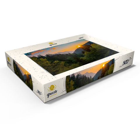 Darstellung des Puzzle Motivs Sonnenaufgang über bewaldetem Bergtal Sunrise Over Forested Mountain Valley 500 Puzzle Schachtel Ansicht1