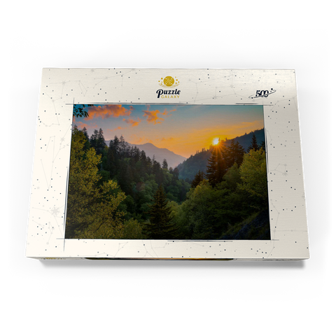 Darstellung des Puzzle Motivs Sonnenaufgang über bewaldetem Bergtal Sunrise Over Forested Mountain Valley 500 Puzzle Schachtel Ansicht3