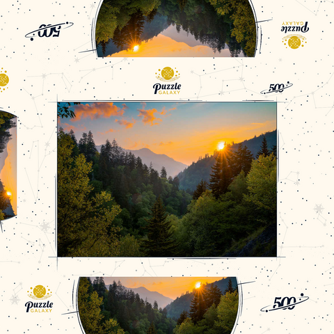 Darstellung des Puzzle Motivs Sonnenaufgang über bewaldetem Bergtal Sunrise Over Forested Mountain Valley 500 Puzzle Schachtel 3D Modell