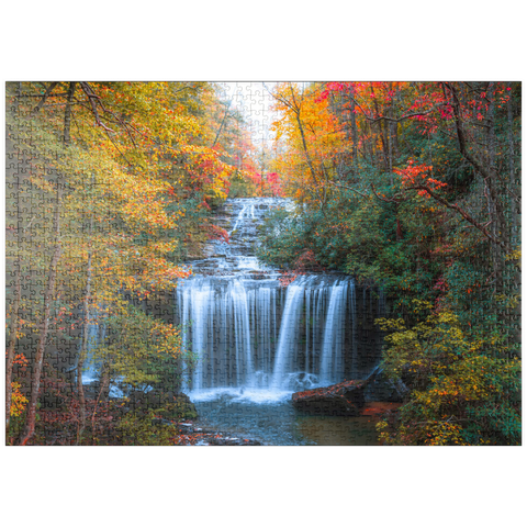 Darstellung des Puzzle Motivs Herbstlicher Wasserfall, umgeben von buntem Laub puzzleplate Autumn Waterfall Surrounded by Vibrant Foliage 1000 Puzzle