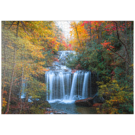 Darstellung des Puzzle Motivs Herbstlicher Wasserfall, umgeben von buntem Laub - Puzzleteile: 1000