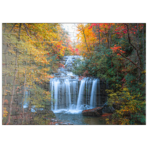 Darstellung des Puzzle Motivs Herbstlicher Wasserfall, umgeben von buntem Laub puzzleplate Autumn Waterfall Surrounded by Vibrant Foliage 100 Puzzle