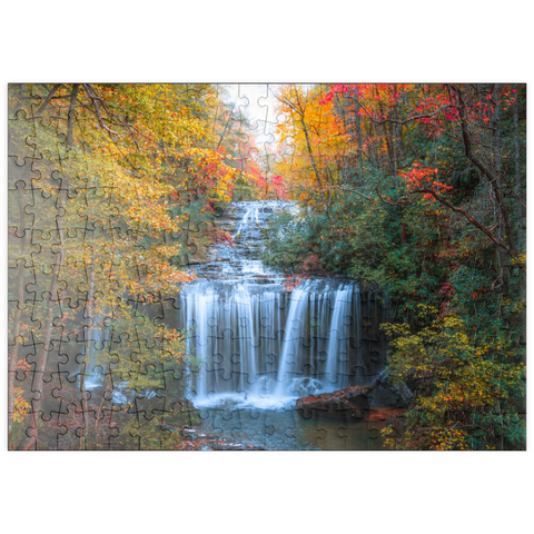 Darstellung des Puzzle Motivs Herbstlicher Wasserfall, umgeben von buntem Laub puzzleplate Autumn Waterfall Surrounded by Vibrant Foliage 200 Puzzle