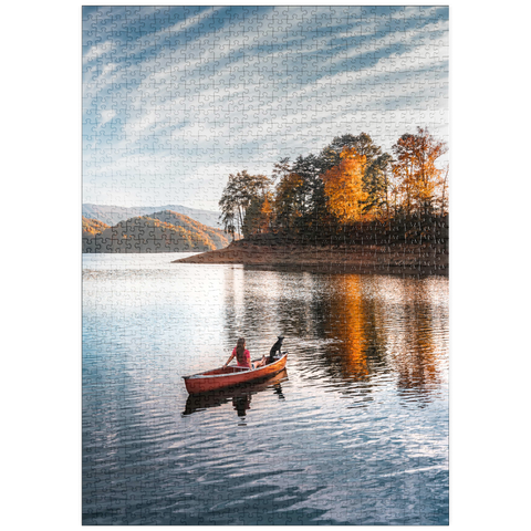 Darstellung des Puzzle Motivs Kanufahren auf einem ruhigen See im Herbst puzzleplate Canoeing on Tranquil Lake in Autumn 1000 Puzzle