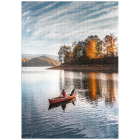 Darstellung des Puzzle Motivs Kanufahren auf einem ruhigen See im Herbst - Puzzleteile: 1000