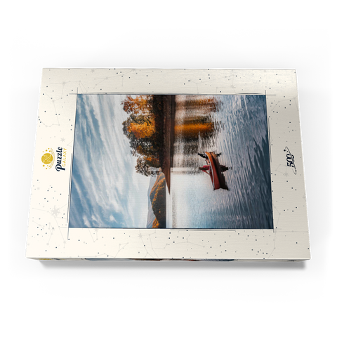 Darstellung des Puzzle Motivs Kanufahren auf einem ruhigen See im Herbst Canoeing on Tranquil Lake in Autumn 500 Puzzle Schachtel Ansicht3