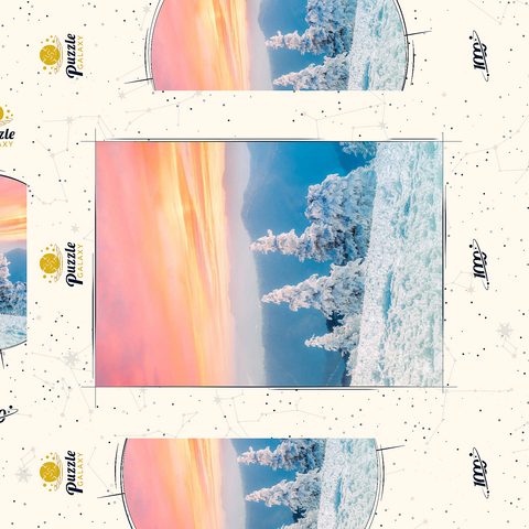 Darstellung des Puzzle Motivs Schneebedeckte Bäume bei Sonnenuntergang im Wintergebirge Snow-Covered Trees at Sunset in Winter Mountains 1000 Puzzle Schachtel 3D Modell