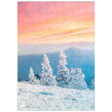 Darstellung des Puzzle Motivs puzzleplate Snow-Covered Trees at Sunset in Winter Mountains 100 Puzzle