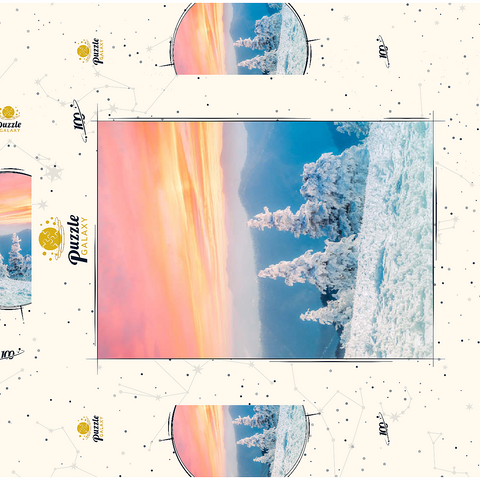 Darstellung des Puzzle Motivs Schneebedeckte Bäume bei Sonnenuntergang im Wintergebirge Snow-Covered Trees at Sunset in Winter Mountains 100 Puzzle Schachtel 3D Modell