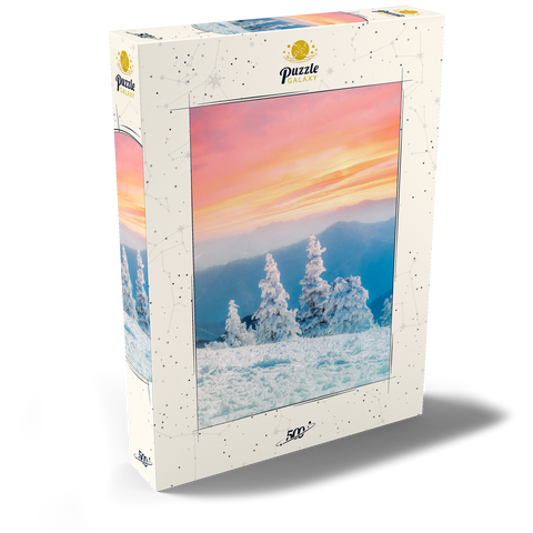 Darstellung des Puzzle Motivs Schneebedeckte Bäume bei Sonnenuntergang im Wintergebirge Snow-Covered Trees at Sunset in Winter Mountains 500 Puzzle Schachtel Ansicht2