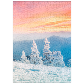 Darstellung des Puzzle Motivs Schneebedeckte Bäume bei Sonnenuntergang im Wintergebirge - Puzzleteile: 500