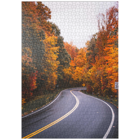 Darstellung des Puzzle Motivs Kurvenreiche Straße durch lebendigen Herbstwald - Puzzleteile: 1000