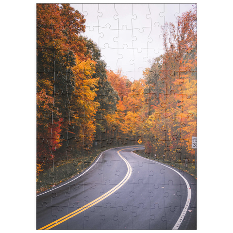 Darstellung des Puzzle Motivs Kurvenreiche Straße durch lebendigen Herbstwald puzzleplate Winding Road Through Vibrant Autumn Forest 100 Puzzle