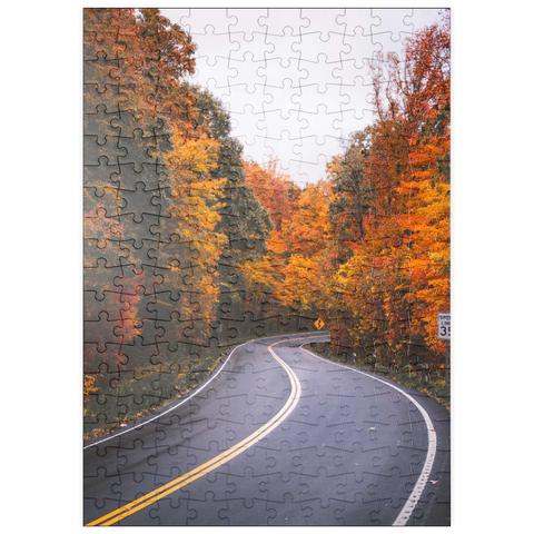 Darstellung des Puzzle Motivs Kurvenreiche Straße durch lebendigen Herbstwald puzzleplate Winding Road Through Vibrant Autumn Forest 200 Puzzle