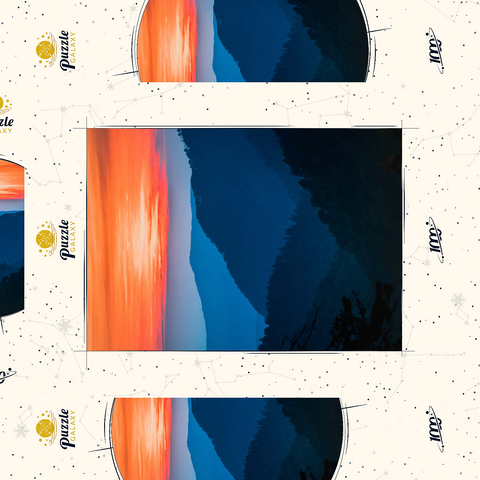 Darstellung des Puzzle Motivs Sonnenuntergang über geschichteten Gebirgsketten Sunset Over Layered Mountain Ranges 1000 Puzzle Schachtel 3D Modell