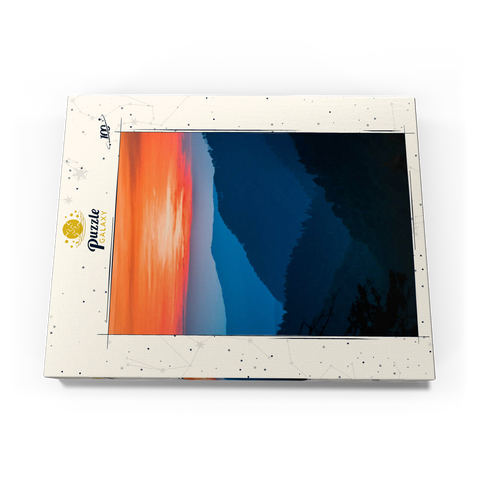 Darstellung des Puzzle Motivs Sonnenuntergang über geschichteten Gebirgsketten Sunset Over Layered Mountain Ranges 100 Puzzle Schachtel Ansicht3