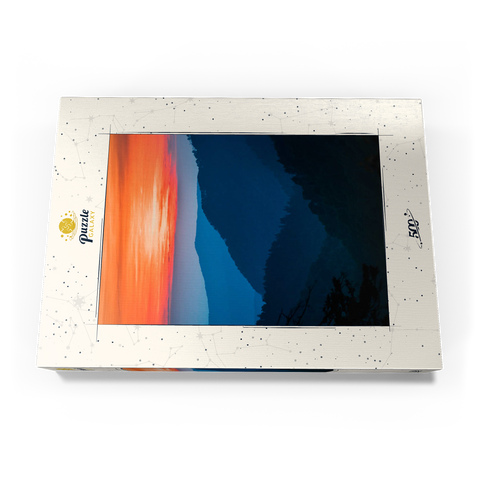 Darstellung des Puzzle Motivs Sonnenuntergang über geschichteten Gebirgsketten Sunset Over Layered Mountain Ranges 500 Puzzle Schachtel Ansicht3
