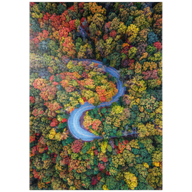 Darstellung des Puzzle Motivs Kurvenreiche Straße durch dichten Herbstwald - Puzzleteile: 1000