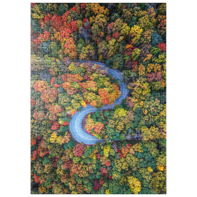 Darstellung des Puzzle Motivs Kurvenreiche Straße durch dichten Herbstwald - Puzzleteile: 500