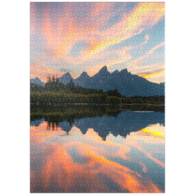 Darstellung des Puzzle Motivs Sonnenuntergang Reflexion über Bergsee - Puzzleteile: 1000