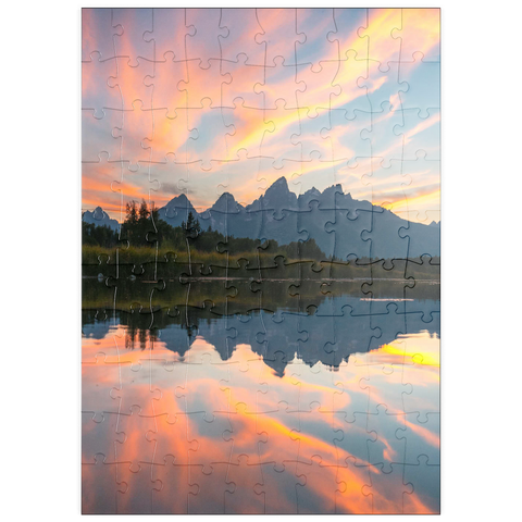 Darstellung des Puzzle Motivs Sonnenuntergang Reflexion über Bergsee puzzleplate Sunset Reflection Over Mountain Lake 100 Puzzle