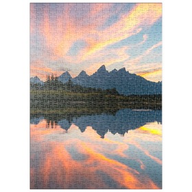 Darstellung des Puzzle Motivs Sonnenuntergang Reflexion über Bergsee - Puzzleteile: 500