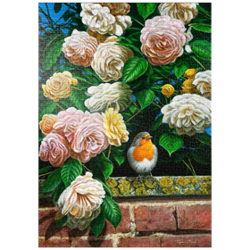 Darstellung des Puzzle-Motivs Rotkehlchen zwischen blühenden Rosen – Puzzleteile: 1000
