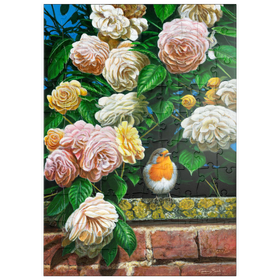 Darstellung des Puzzle Motivs Rotkehlchen zwischen blühenden Rosen - Puzzleteile: 100