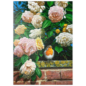 Darstellung des Puzzle-Motivs Rotkehlchen zwischen blühenden Rosen – Puzzleteile: 200