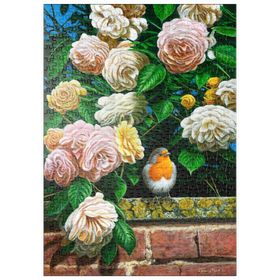 Darstellung des Puzzle Motivs Rotkehlchen zwischen blühenden Rosen - Puzzleteile: 500