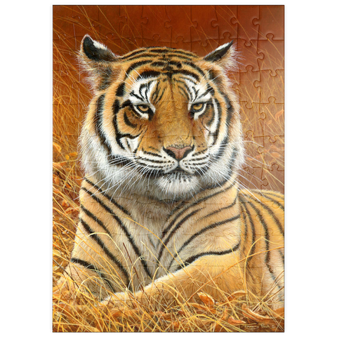 Darstellung des Puzzle Motivs Majestätischer bengalischer Tiger im goldenen Gras puzzleplate Majestic Bengal Tiger in Golden Grass 100 Puzzle
