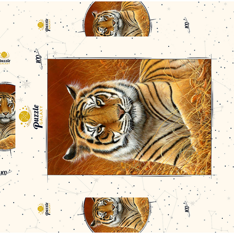 Darstellung des Puzzle Motivs Majestätischer bengalischer Tiger im goldenen Gras Majestic Bengal Tiger in Golden Grass 100 Puzzle Schachtel 3D Modell