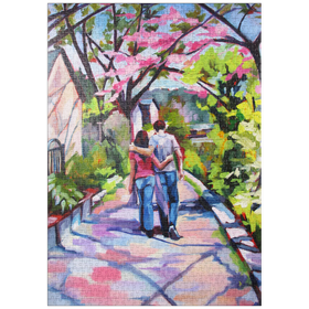 Darstellung des Puzzle Motivs Ehepaar spaziert unter blühenden Bäumen - Puzzleteile: 1000