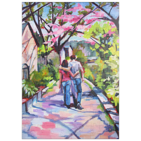 Darstellung des Puzzle Motivs Ehepaar spaziert unter blühenden Bäumen - Puzzleteile: 100
