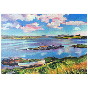 Darstellung des Puzzle Motivs Ruhiges Seeufer mit Ruderboot - Puzzleteile: 1000