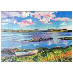 Darstellung des Puzzle Motivs Ruhiges Seeufer mit Ruderboot - Puzzleteile: 100